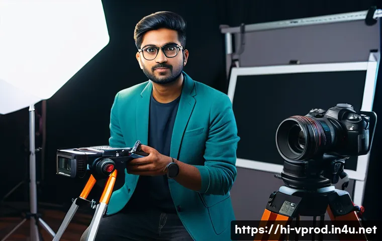 영상제작 실무 경험을 쌓는 방법 - A young Indian videographer experimenting with camera and lighting setups in a professional indoor s...