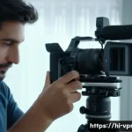 Home 19 영상제작 실습에서 배워야 할 핵심 기술 - A professional videographer adjusting a DSLR camera in manual mode, focusing intently on the setting...