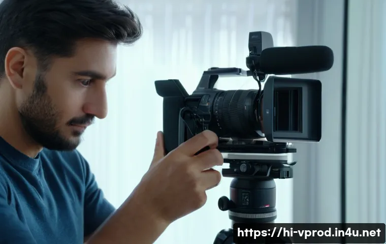 영상제작 실습에서 배워야 할 핵심 기술 - A professional videographer adjusting a DSLR camera in manual mode, focusing intently on the setting...
