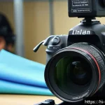 Home 18 영상제작 전문가의 장비 관리 방법 - A professional camera setup being carefully cleaned and maintained by a person with visible Hindi te...