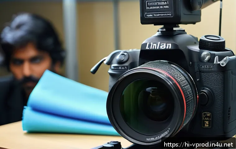영상제작 전문가의 장비 관리 방법 - A professional camera setup being carefully cleaned and maintained by a person with visible Hindi te...