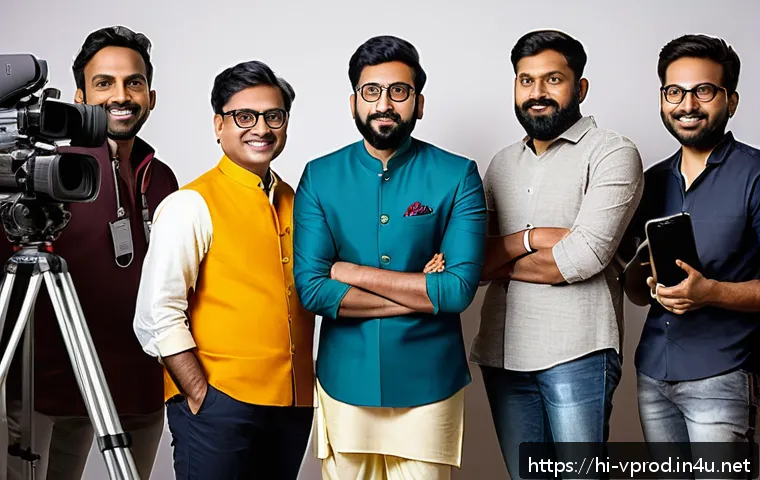 영상제작 실무에서 발생하는 윤리적 문제 - A diverse group of Indian video content creators collaborating in a modern studio setting, surrounde...