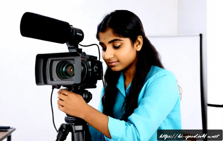 Home 17 영상제작 실기 시험 준비 요령 - Photorealistic Indian college student preparing for a video production practical exam, carefully adj...